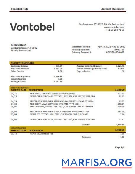 Printable Switzerland Vontobel bank statement word real example